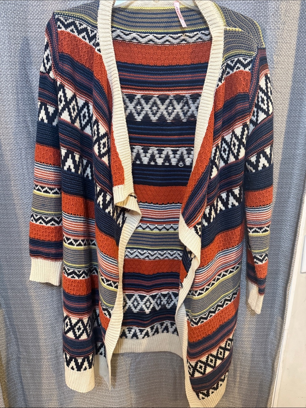 Open-Front Geometric Knit Cardigan - Navy Rust Cream